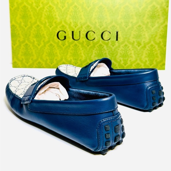 Gucci Interlocking G Driver Loafers Blue Classic Double G Canvas Size 10.5 NEW! - Picture 6 of 16
